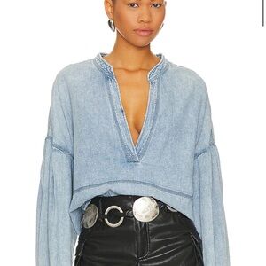 Free People Light Blue Denim Top